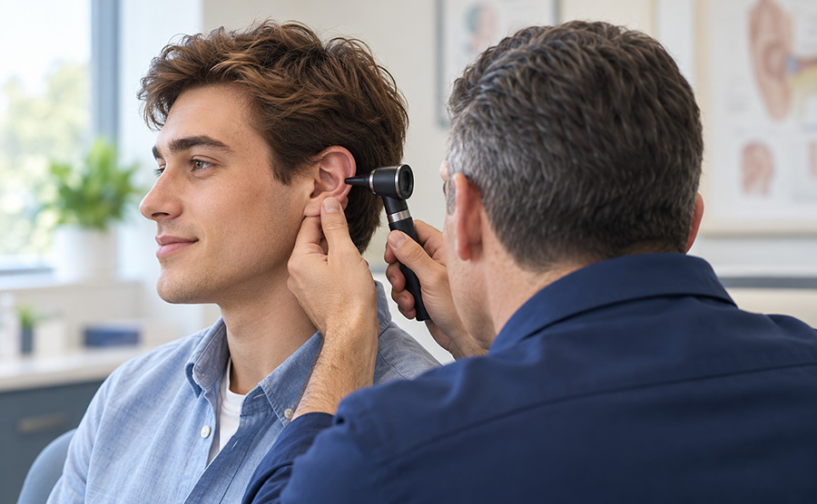 ENT specialist looking into a patient's ear with an otoscope to check for wax